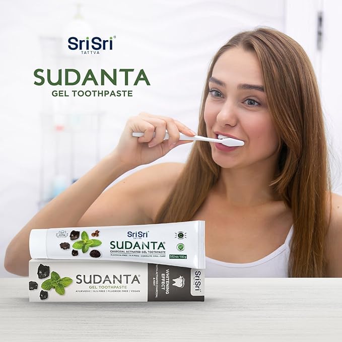 Sri Sri Tattva Sudanta Charcoal Toothpaste Gel – SLS, Fluoride Free Herbal Toothpaste with Neem & Ayurvedic Herbs – Natural Teeth Whitening, Fresh Breath, Oral & Gum Health – 100g Tube (Pack of 4)