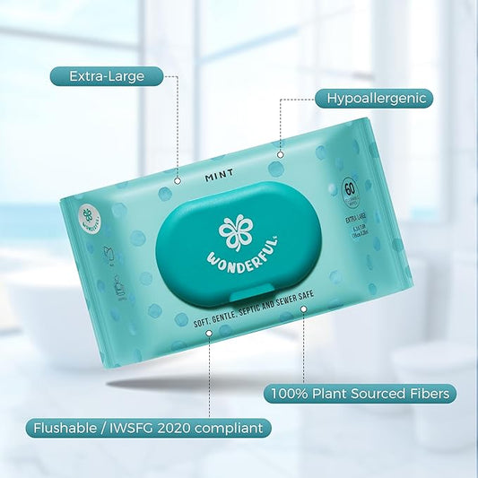 WONDERFUL Flushable Wipes, Mint 100% Plant-Based Wet Butt Wipe for Adults & Kids, Sewer Septic Safe, Gentle for Sensitive Skin, Wipes Flushable Pack for Bathroom & Travel, 6-Pack (360 Counts)