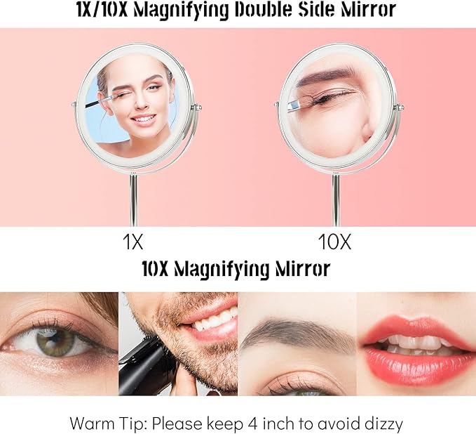 8" Lighted Makeup Mirror with Magnification, 1X/10X Magnifying Mirror with Light, Double Sided 360° Cordless Rechargeable, 3 Colors Brightness Adjustable Makeup Mirror with Lights with 52 LED(Silver)