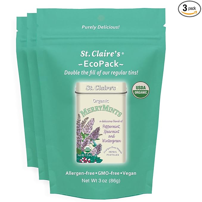 St. Claire’s Organic MerryMints – 3-Pack EcoPack, 3 oz Each | Certified Organic, Vegan, Gluten-Free, Allergen-Free, Non-GMO, Low Calorie, Plant-Based | Made in USA