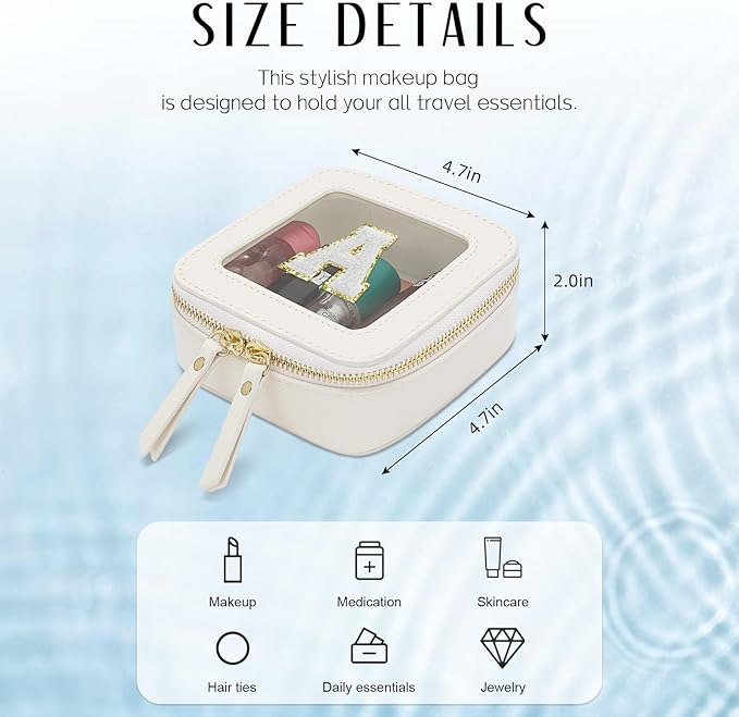 Initial Travel Toiletry Bag - Cosmetic Bags for Girls with Zipper, Clear & Potable Girls Makeup Bag for Travel, Small Cosmetic Pouch Perfect Gifts for Graduation (Beige, A)