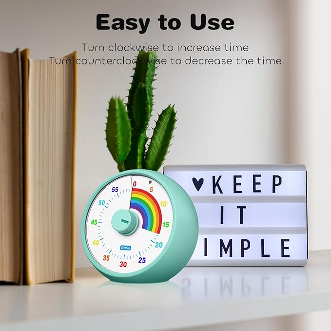 Visual Timer for Kids, 60-Minute Countdown Timer for Classroom Office Kitchen, Desk Timer Kids Time Management Tools with Silent Operation, Pomodoro Time Rainbow Pattern(Tiffany)