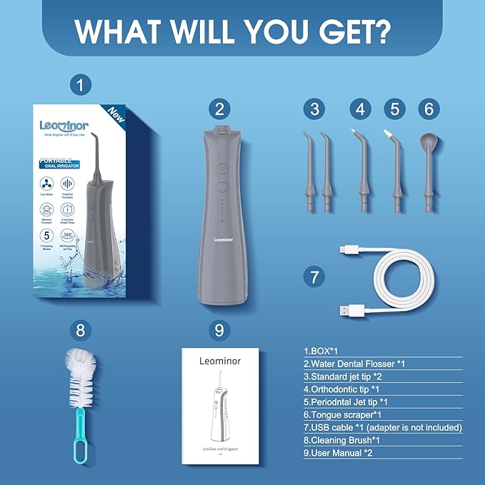 Leominor Water Flosser - 5 Modes Cordless Portable Oral Irrigator, IPX7 Waterproof, Rechargeable Teeth Cleaner Professional Flossing Cleaning Pick for Home Travel (Gray)