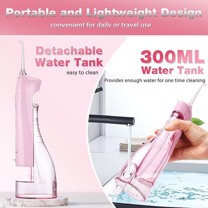 TOVENDOR Electric Water Flosser, Cordless Rechargeable Dental Oral Irrigator IPX7 Waterproof 300ML Travel Water Teeth Cleaner with 5 Tips for Braces Care Teeth Gums Cleaning, Home Office Daily Use