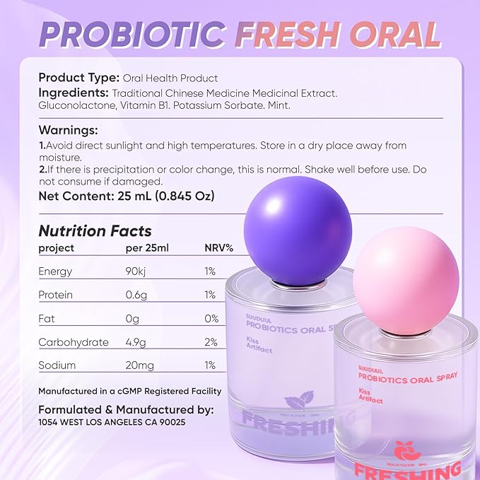 Probiotic Oral Spray, Mint & Peach Flavor Combo, Breath Spray with Prebiotics and Probiotics, Long-Lasting Freshness, Alcohol-Free, Convenient Travel-Sized, 25ml/0.85oz