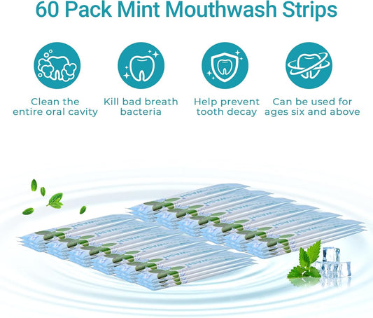 Travel-Size Alcohol & Fluoride Free Mint Mouthwash Packets, 60 Individually Wrapped Portable Packs for Adults, Fresh Breath Mint Flavored Mouthwash for Oral Hygiene, 0.63 Fl Oz Each
