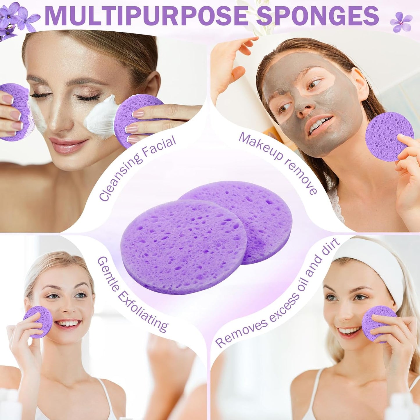 Amyhill 300 Count Compressed Facial Sponges Natural Face Sponges for Cleansing Disposable Facial Exfoliating Pads for Estheticians(Purple)