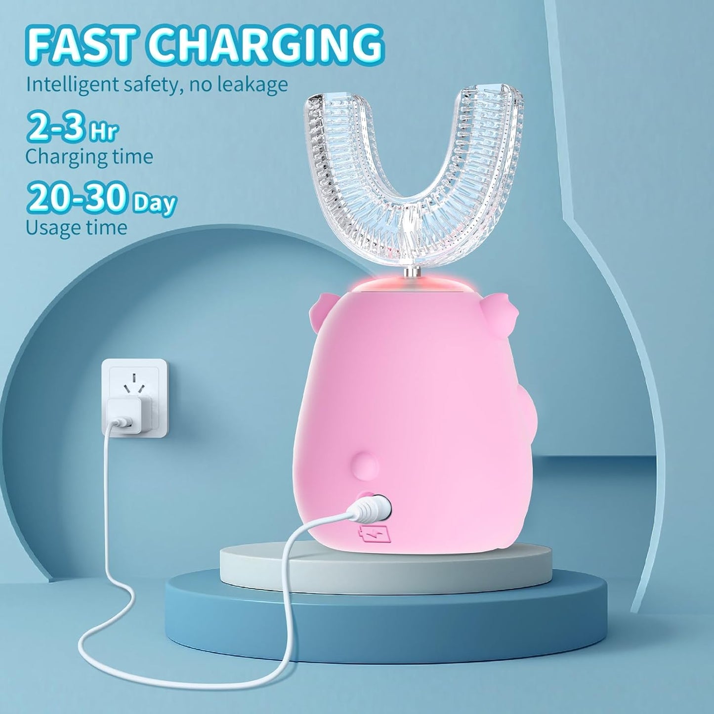 Kids U Shaped Electric Toothbrush, Automatic 360° Sonic Cleaning, 6 Modes, 4 Brush Heads, Cute Cartoon Koala Design (2-6 Age (Pink))