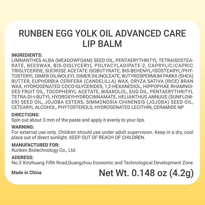 RUNBEN Baby Lip Balm with Egg Yolk Oil, Super Rich Moisturizing Kids Lip Balm, 24H Deep Nourishing, Safe Lip Care for Toddler Chapped Lips, Non-toxic & Fragrance Free, 4.2g