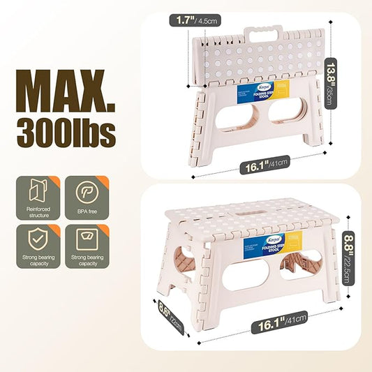 Korpai 9" Folding Step Stool for Adults and Kids 15-Inch Extra Wide Stool Holds Up to 300 lbs,Non-Slip Folding Stools with Handle,Compact Plastic Foldable Step Stool for Bathroom,Kitchen,ect Khaki