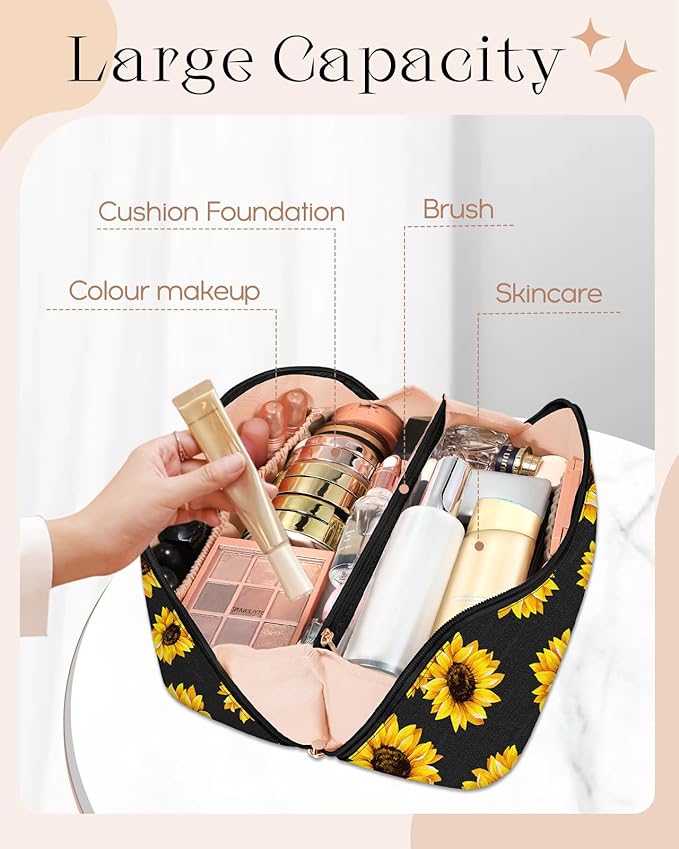 Bistup Makeup Bag Travel Cosmetic Bag Toiletry Make Up Bags Cute Women Large Capacity Big Medium Leather Sunflower Aesthetic Portable Teen Girl Teenage Foldable Expandable Compact Open Flat Zip