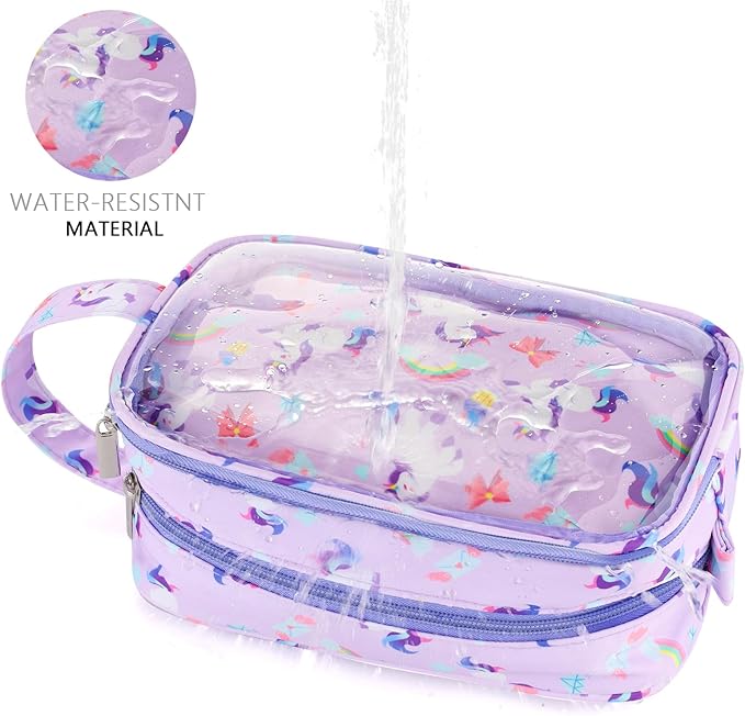 Kids Toiletry Bag for Girls, Travel Clear Toiletry Bag for Little Young Girls Cosmetic Bag Makeup Bag Waterproof Hanging Toddler Wash Bag, Purple Unicorn