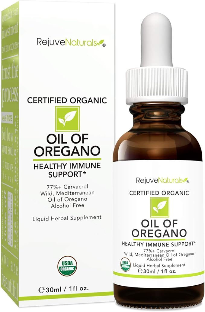 RejuveNaturals Oil of Oregano, USDA Organic - 1 fl oz (30ml Liquid) Wild, Mediterranean Oregano Oil. Concentrated Immune Support Drops. Gluten Free, Vegan & Non-GMO. Min 77% Carvacrol