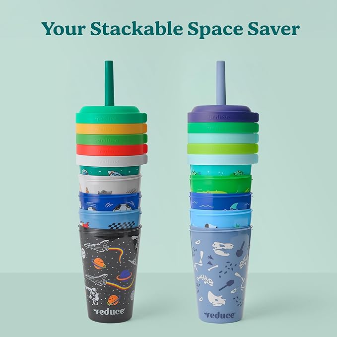 REDUCE GoGo's Kids Portable Tumbler Cups with Lids and Spill-Proof Straws - 10 Pack of Stackable 12 oz Tumblers with Twist-On Lids - Easy Storage, Dishwasher Safe - Club House