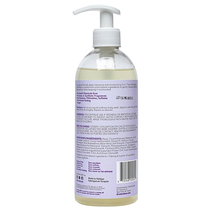 Dr. Natural 3-in-1 Tear-Free Baby Plus Kids Soap - Head-to-Toe Baby Soap and Shampoo - Sensitive Skin Moisturizing Body Wash - Lavender - 16 oz