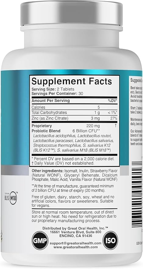 Oral Probiotics for Mouth Bad Breath Treatment for Adults; Dentist Formulated Dental Probiotics for Teeth and Gums, Chronic Halitosis with BLIS K12 M18, Chewable Oral Health Tablets Strawberry Vanilla