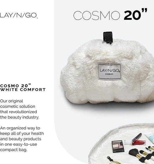 Lay-n-Go Cosmo Drawstring Cosmetic & Makeup Bag Organizer - Portable Drawstring Makeup Bag w/Zipper Pocket, Makeup Loops & More - Durable, Machine Washable Toiletry Bag (20", Comfort/White)