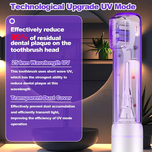 Metal Electric Toothbrush with UV Mode, Vibration and Oscillation Electric Toothbrush for Adults, 6 Brush Heads & Travel Case & Dust Cover, 5 Modes & Built in Timer, One Charge Last 120 Day(Sliver)
