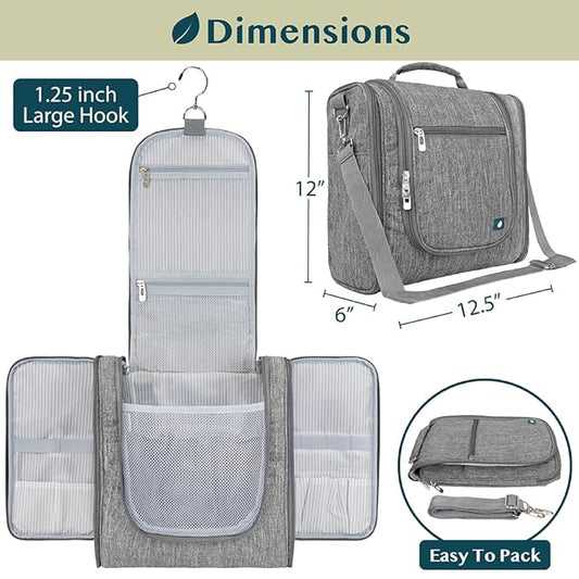 PAVILIA Extra Large Toiletry Bag Travel Bag for Women Men, Hanging Cosmetic Organizer, Water Resistant Makeup Bag for Accessories Toiletries, Travel Essentials Kit (Grey)