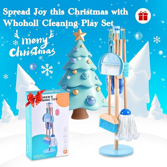 WHOHOLL Wooden Kids Cleaning Toy Set, Montessori Toys for Toddlers 3-5, Housekeeping Play Set Includes Broom Mop Duster Dustpan Sponge and Organizing Stand, Christmas Birthday Gifts for Boys Girls