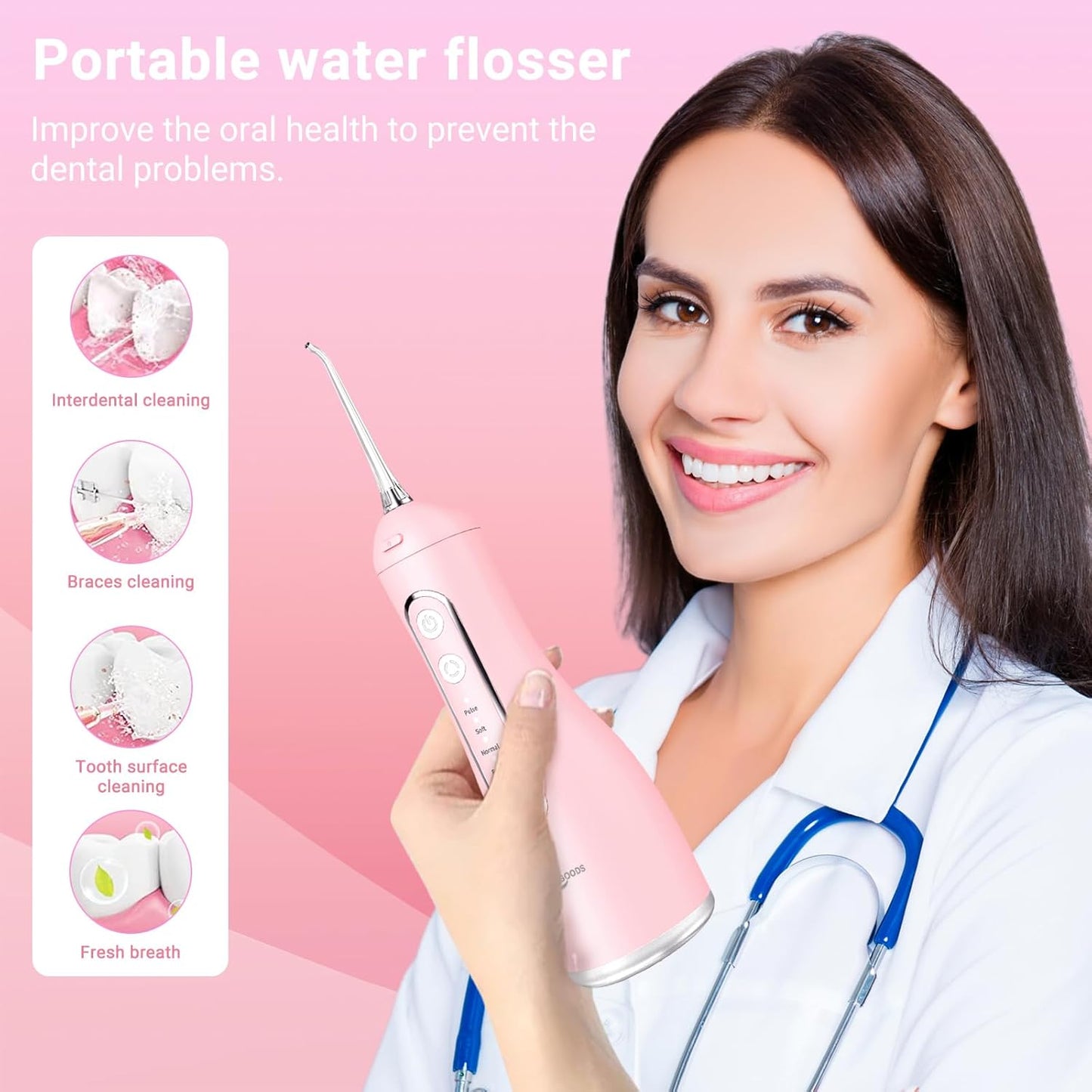 Cordless Water Dental Flosser Oral irrigator,JNGOODS 300ml Rechargeable Water flosser for Teeth IPX7 Waterproof 4 Modes Portable Oral Irrigator with 4 Jet Tips, Travel Home use (Pink)