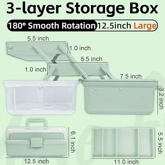 12.5in 3-Layer Multipurpose Craft Organizers and Storage with Adjustable Dividers, Portable Tackle Box, Folding Art & Craft Case for Medicine, Tool, Sewing Organizer (Haze Green)