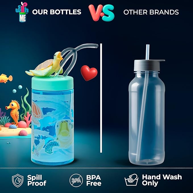 Kids Water Bottle, Toddler Cups, Tumbler with Lid and Straw, Travel Sippy Cup for Water or Milk, Kids Cups with Lids for Toddlers 3 and Up, BPA Free Plastic, 12 oz (Sealife Sea Turtle)