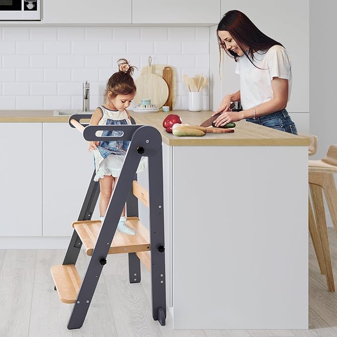 Foldable Toddler Kitchen Stool Helper - Adjustable Height Folding Toddler Standing Tower, Kids Helper Stool with Safty Rail for Kitchen Counter Bathroom (Grey)