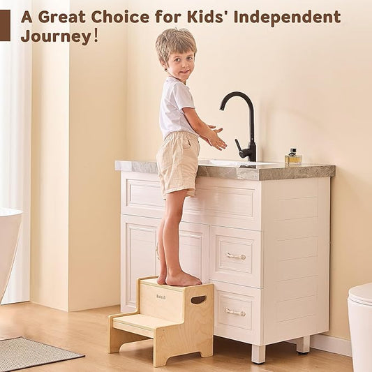 Step Stool for Kids, Wooden Toddler Step Stool with Non-Slip Mats for Bathroom Sink and Kitchen, Potty Training Stool with Handles for Toilet