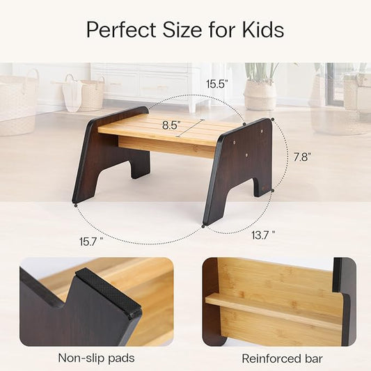 StrongTek Kids Step Stool, Anti-Tip Bamboo Footstool with Wide Non-Slip Platform, 15.5" L × 13.7" W × 7.8" H, Durable & Easy to Assemble, Ideal for Potty Training, Handwashing, Bedroom & Playroom