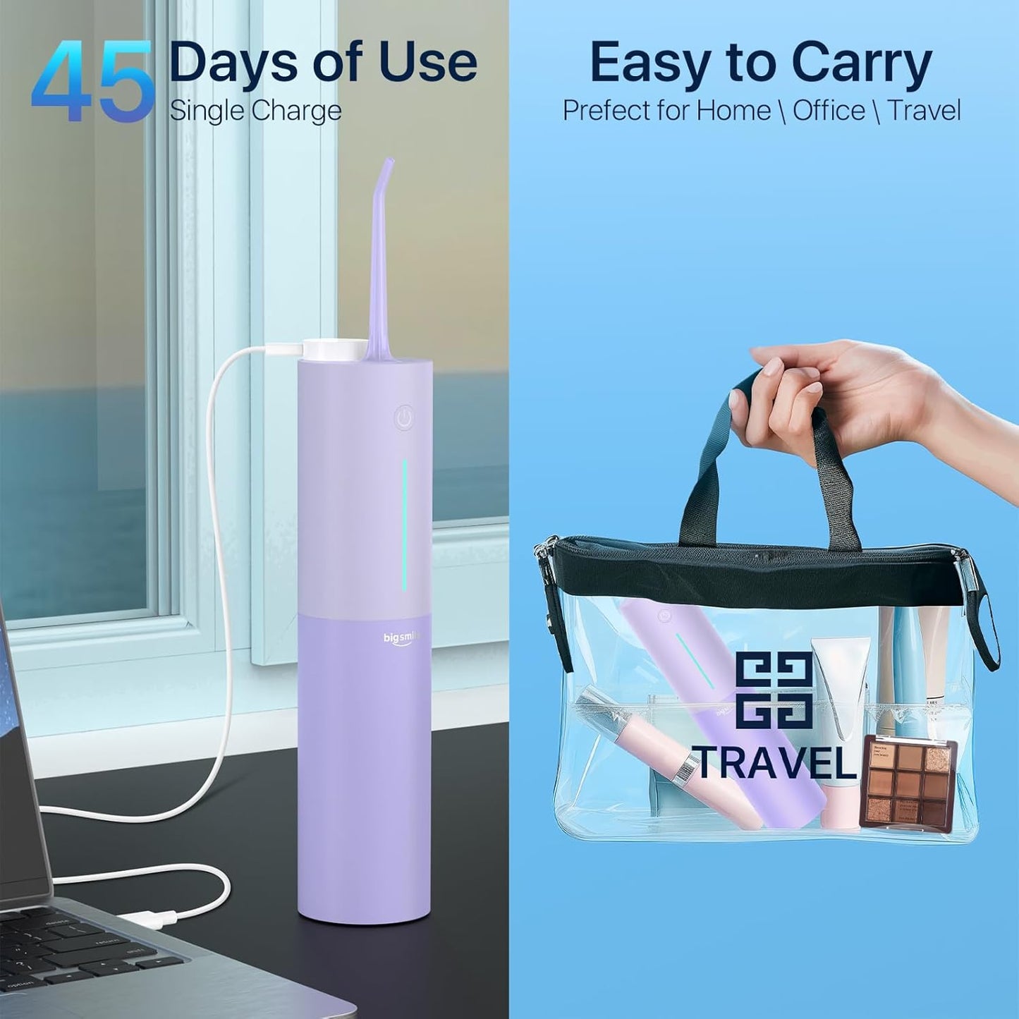 Bigsmile Water Dental Flosser, Rechargeable Oral Doucher, IPX7 Waterproof, Professional Teeth Cleaning, Effectively Keep Mouth Clean and Healthy (Purple)