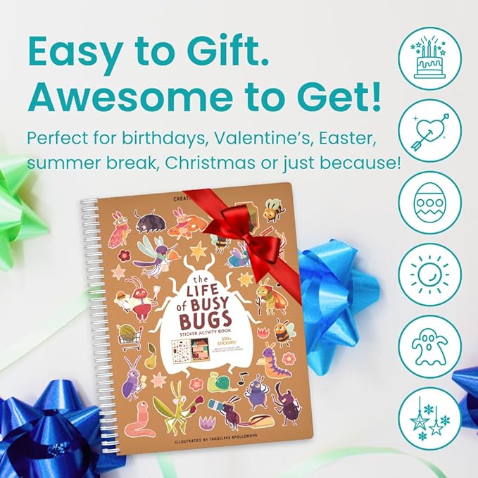 CUPKIN The Life of Busy Bugs Sticker Book, Toddler Sticker Book for Kids, Fun Bugs Toy, Road Trip Essentials, 300+ Girly Stickers with 8 Sticker Scenes and Coloring Pages, Ages 2+