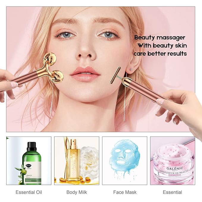 2-IN-1 Beauty Bar 24k Golden Pulse Facial Face Massager, Electric 3D Roller and T Shape Arm Eye Nose Head Massager Facial Roller Massager Kit Skin Care Tools