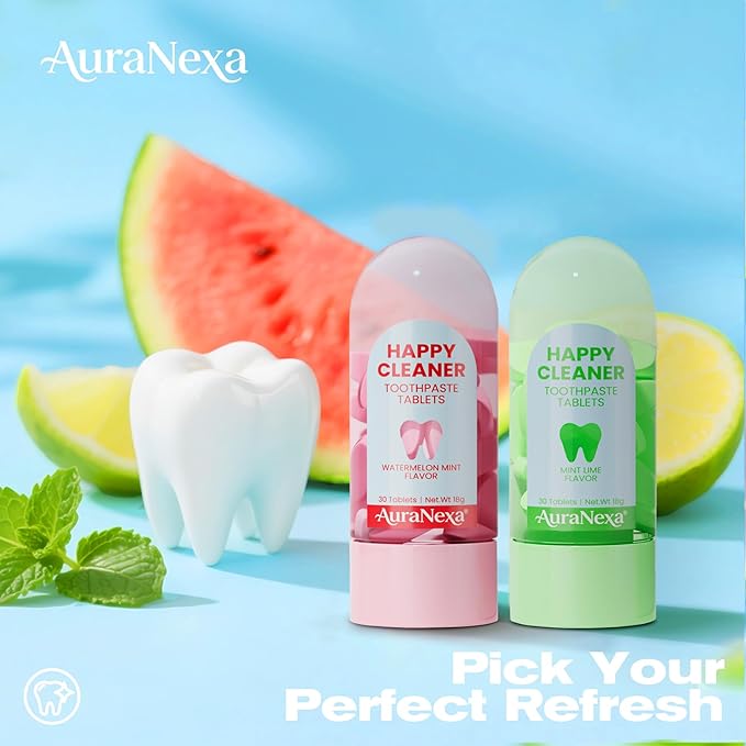 Happy Cleaner Toothpaste Tablets – Mixed Pack (Watermelon Mint + Mint Lime), Fluoride-Free, Nano Hydroxyapatite, Travel-Friendly Chewable Toothpaste, 60 Tablets Total