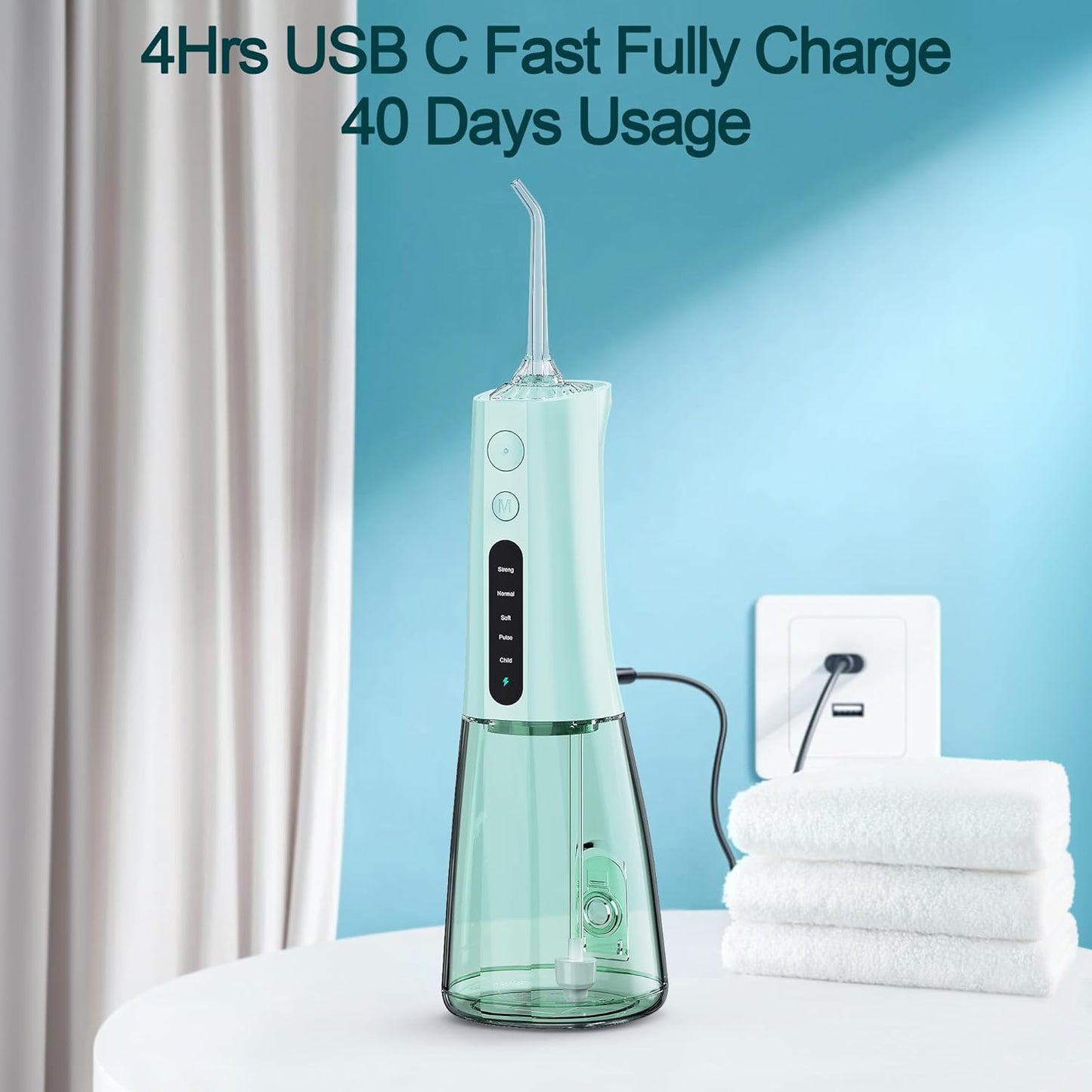 Water Dental Flosser OLED Display Cordless Teeth Cleaning MOCEL 5 Modes Oral Irrigator 300ML Portable and USB C Rechargeable IPX7 Waterproof Floss Teeth Pick (Green)