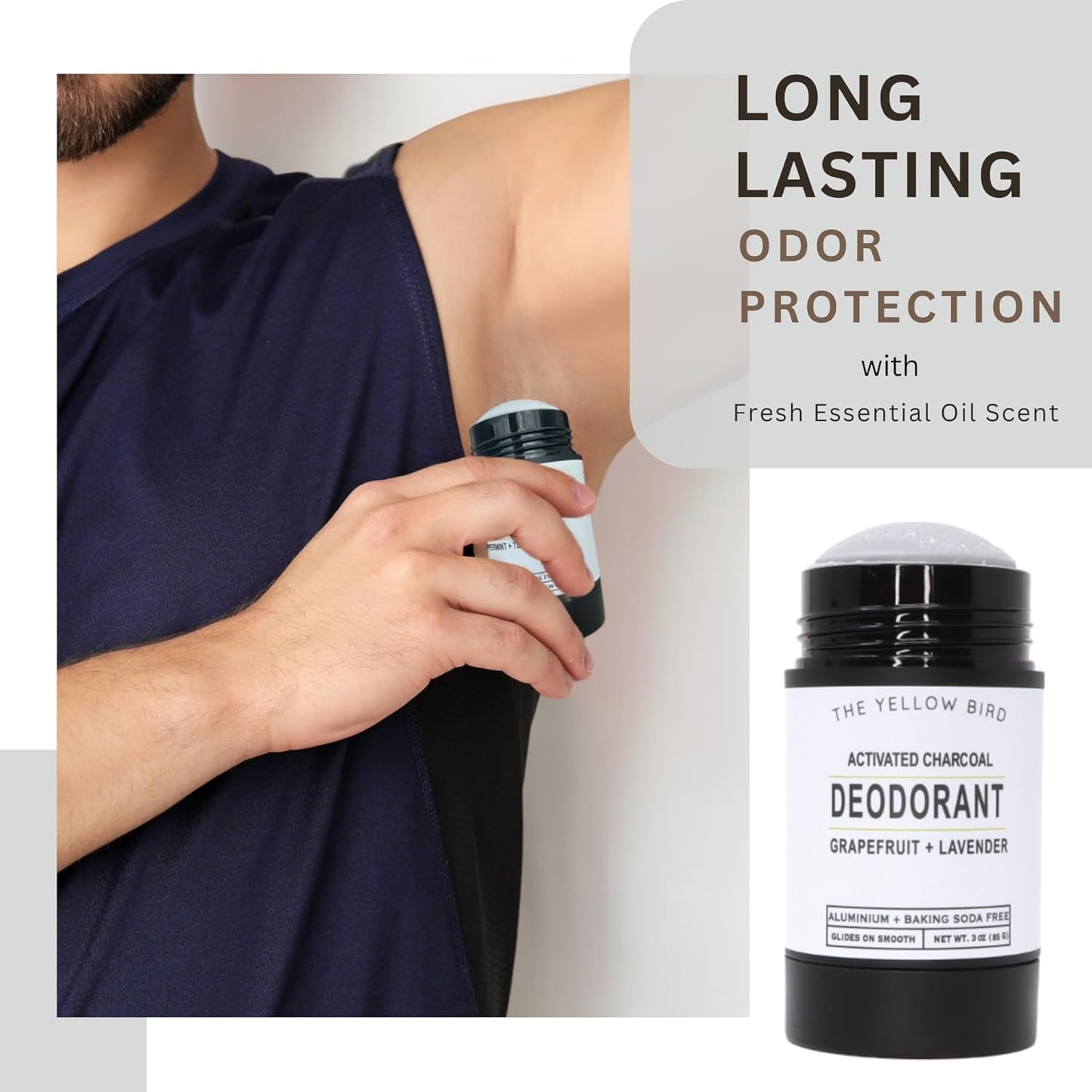 Natural Charcoal Deodorant - Baking Soda & Aluminum Free, For Men & Women, Sensitive Skin Friendly, Vegan, with Lavender, Grapefruit Essential Oils | 3oz | Made in USA