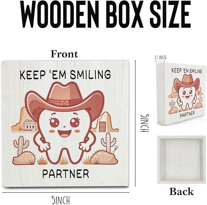 Western Vintage Dental Hygienist Wooden Signs,Wild West Tooth Wooden Box Sign,Cowgirl Dentist Dental Decor For Home Desk Tabletop Shelf Decoration 5x5 Inches
