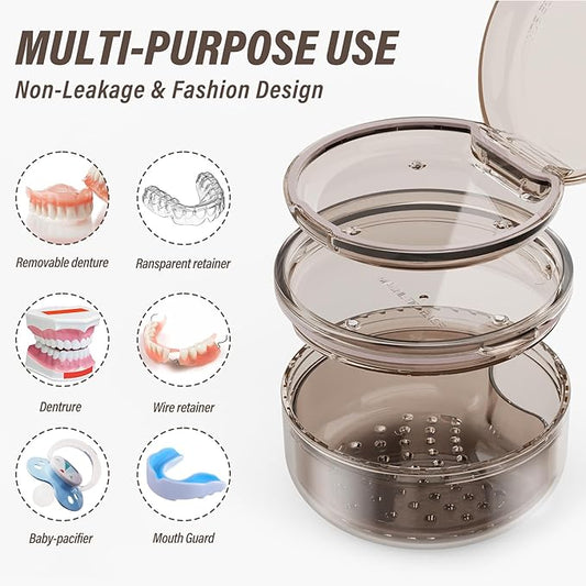 Denture Case Retainer Cleaning Case: 2 in 1 Retainer Case, No-Leak Denture Bath Box Cup, Complete Clean Care for Dentures, Clear Braces, Mouth Guard, Night Guard & Retainers
