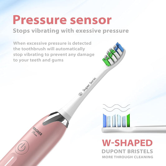 Wagner Stern Ultrasonic whitening Toothbrush with Pressure Sensor. 5 Brushing Modes and 4 Levels of Intensity, 8 Soft bristles, Travel case.