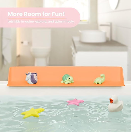 Original Little Splasher PlayPad, Bathtub Splash Guard Play Shelf - Toy Tray Caddy Holder Storage - Suction Cups Attach to Bath Tub - No Mess Water Spill in Bathroom for Toddlers Kids Baby (Orange)