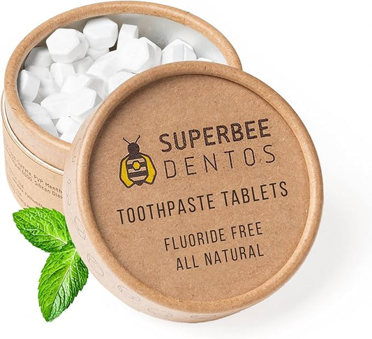 SuperBee Dentos Toothpaste Tablets & Biodegradable Bamboo Toothbrushes, 100 Tabs, Fluoride Free & Eco Friendly, Travel Mouthwash Tablets, Sensitive Bites Kids Adults