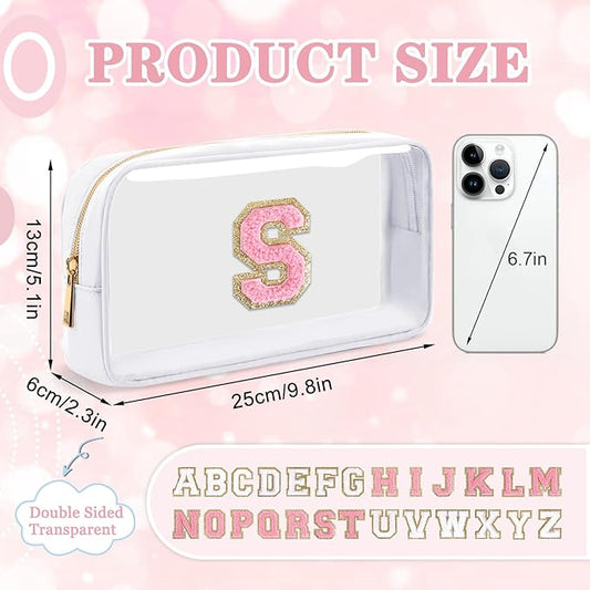 Small Clear Personalized Initial Makeup Bag,Nylon Preppy A-Z Chenille Letter Patch Cosmetic Pouch Beach Toiletry Bag,Waterproof Zipper Travel Purse Storage Bag Organizer for Women Girls(White-Pink S)