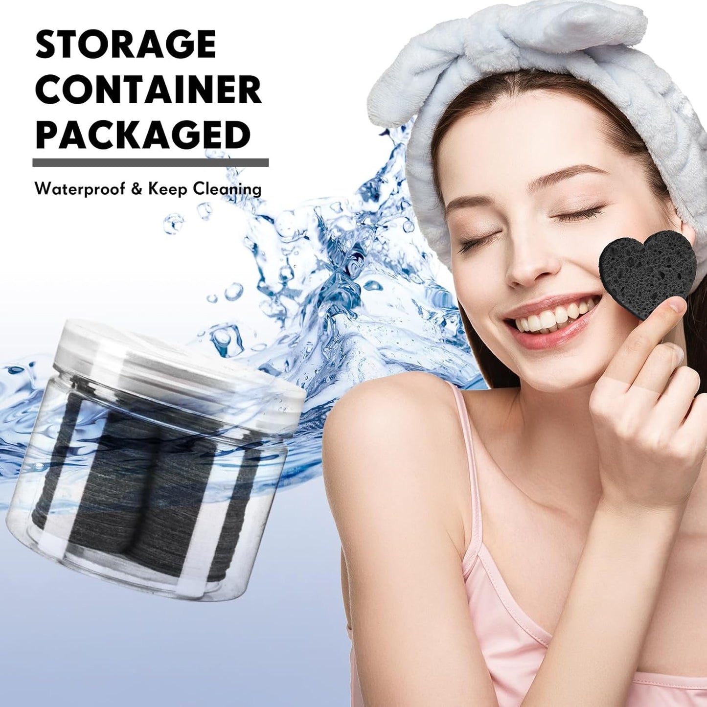 Nuenen 60 Pieces Facial Sponges with Container, Heart Shape Compressed Face Sponges Natural Cleaning Pads for Washing Face Cleaning Exfoliating Esthetician Makeup Removal(Black)