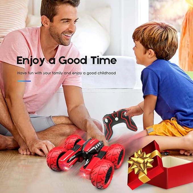 Remote Control Car for 6-12 Years Old Boys Girls Birthdays Present Gift, Hobby RC Car Stunt with LED Light Electric 4WD 2.4Ghz Double Sided Rotating Racing Vehicle 360° Flips Offroad Kids Toy Red