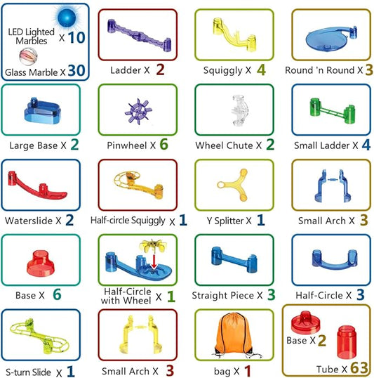 Meland Marble Run Sets for Kids - 153Pcs Marble Race Track Maze Madness Game STEM Building Tower Toy for 4 5 6 + Year Old Boys Girls(113 Pcs + 30 Glass + 10 Led Lighted)