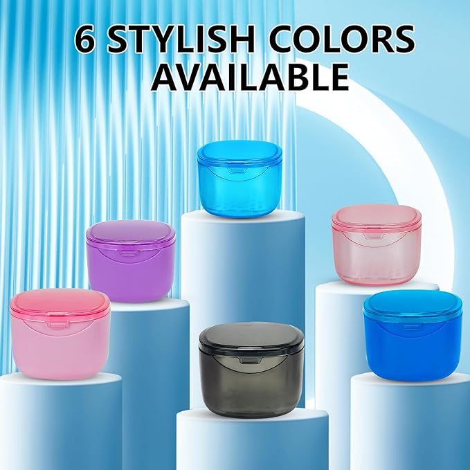Travel Denture Case Denture Soaking Container with Brush, Denture Cleaning Case Retainer Bath Box Case False Teeth Container - Leak Proof & Lid Waterproof - Transparent Pink