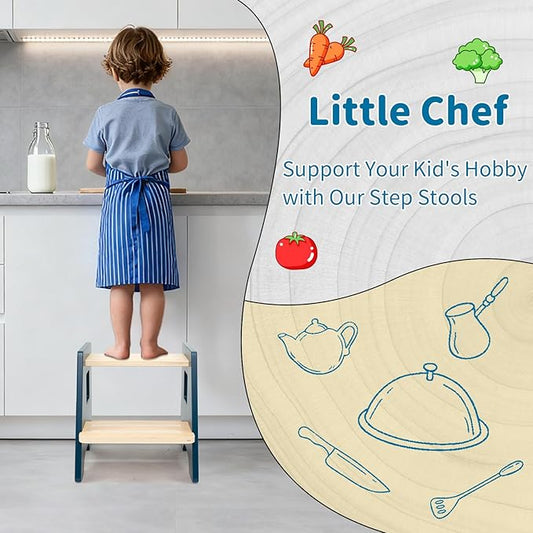WOOD CITY Toddler Step Stool-Wooden 2 Step Stools for Bathroom Sink Potty Training Kitchen Stool Helper for Kids Bonus Non-Slip Pads and Handles for Safety Blue
