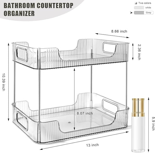 2-Tier Bathroom Counter Organizer Countertop Storage, Dresser Organizer Vanity Tray for Makeup, Perfume Organizer Cosmetics Skincare Shelf- Grey
