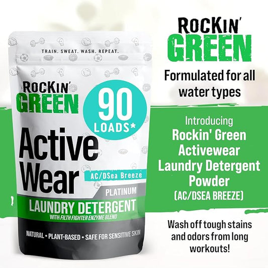 Rockin' Green Laundry Detergent, Plant based, All Natural Laundry Detergent Powder, Vegan and Biodegradable Odor Fighter, Safe for Sensitive Skin (Active Wear 90 Loads - AC/DSea Breeze)