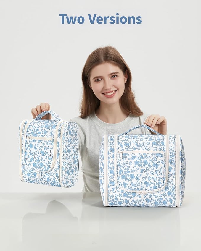 Narwey Hanging Toiletry Bag Women Travel Makeup Bag Organizer Toiletries Bag for Travel Size Essentials Accessories Cosmetics (Medium,Little Blue Flower)